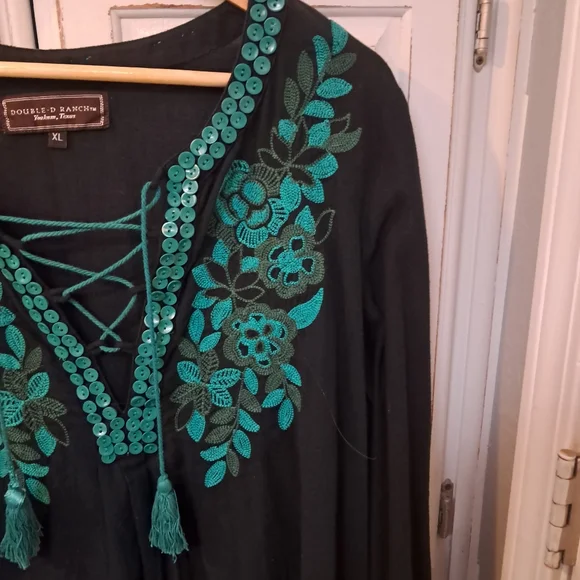 Double D Ranch Black Top Blue Embroidered Turquoise Button Embelish Sheer - Picture 3 of 7